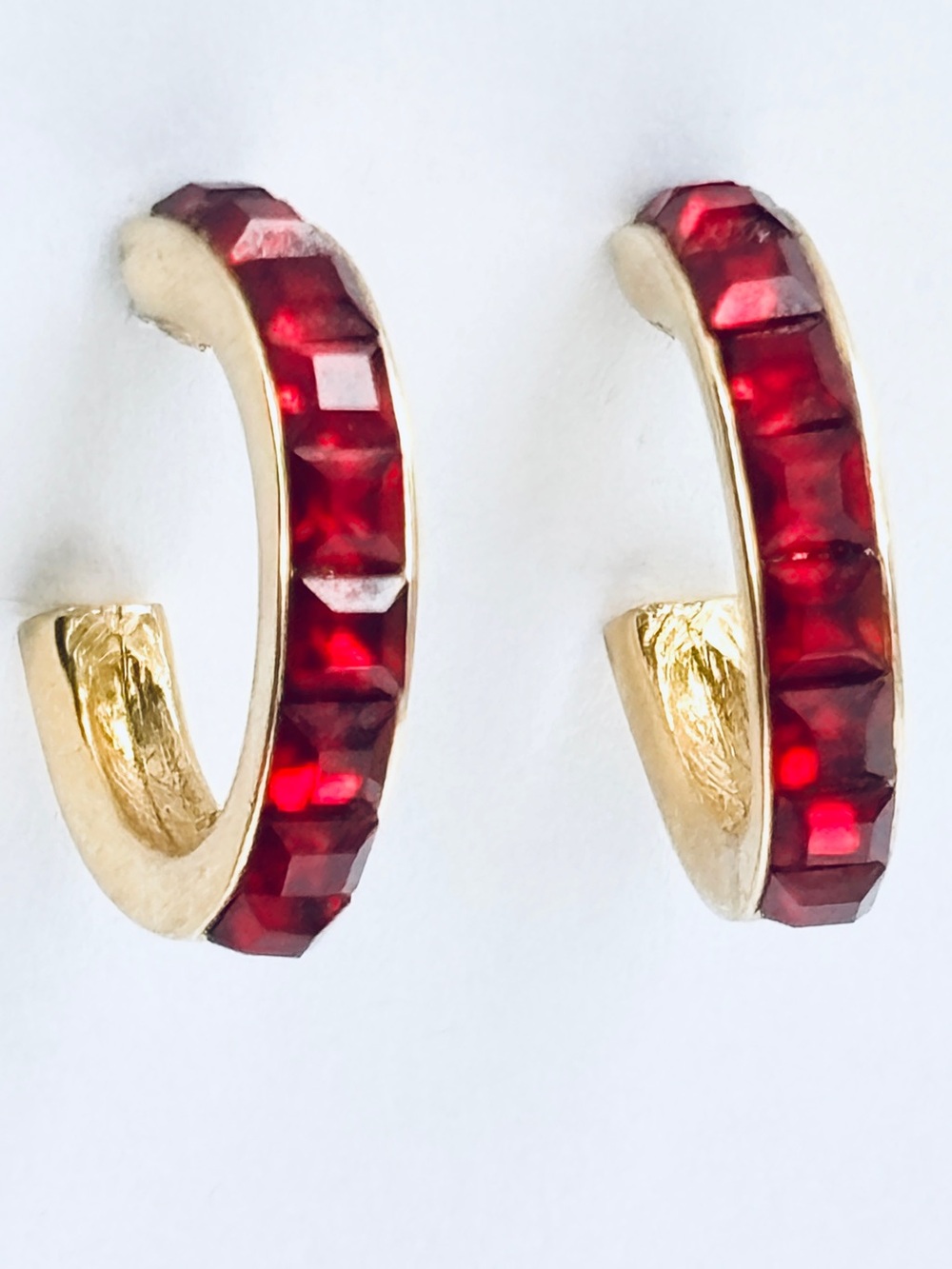 Givenchy Signed Vintage 80s Ruby Red Crystal Gold Tone Hoop Earrings